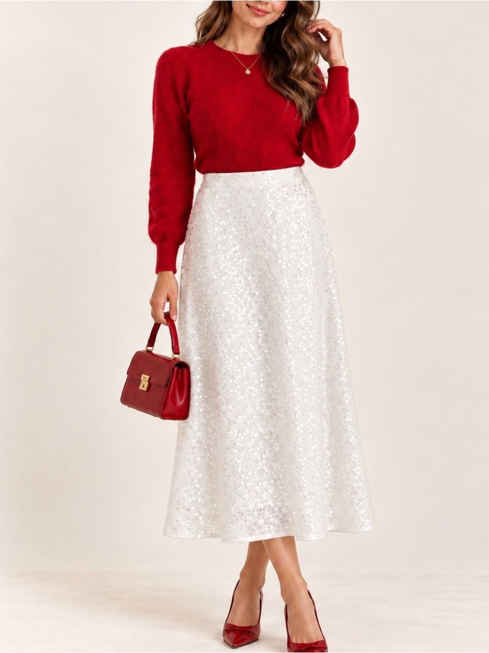 LOFT White Sequin Linen Blend Midi Skirt Holiday Christmas Party Winter Chic